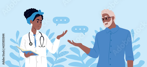 A family doctor is talking to an elderly patient. Elderly awareness of Parkinson's disease, prostate cancer, Alzheimer's, cancer, osteoporosis, arthritis, Parkinson's disease, diabetes.
