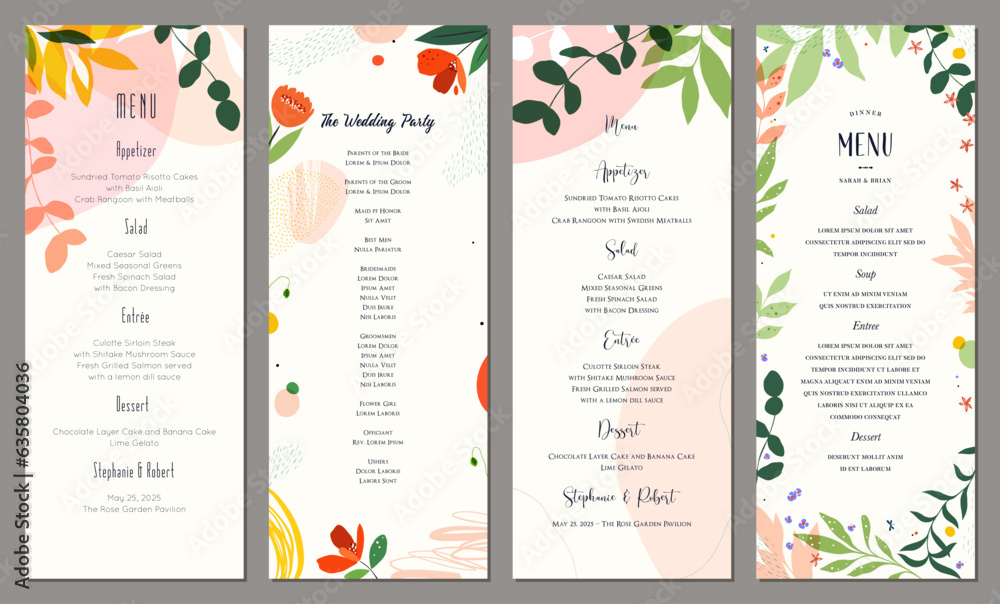 Naklejka premium Wedding and restaurant menu. Floral art templates. Good for poster, invitation, birthday and Mothers Day cards, flyer, banner, brochure, email header, post in social networks, events and page cover.