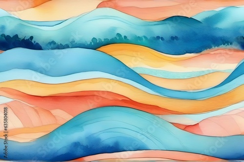 Vibrant Abstract Ocean Waves - Red and Blue Turquoise Yellow Cyan Watercolor Background Graphic Resource. Generative AI