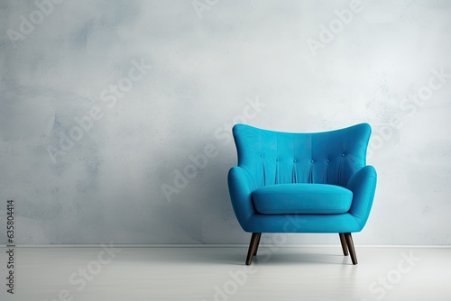 a blue armchair on a white wall background