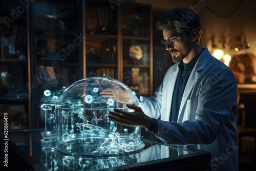 Technician doctor in laboratory with hologram interface. Generative AI