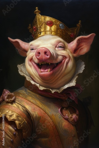 Portrait, Swine, Pig, King, Prince, Emperor, Buffoon, Prankster, Renaissance, Medieval. THE PRANKSTER SWINE KING. A 3D fantasy pig king. Royal laughing swine showing off. Renaissance style. photo