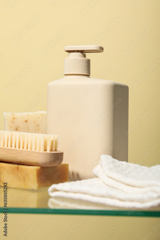 Hygiene products on the shelf in the bathroom. Hygiene products on the shelf in the bathroom.