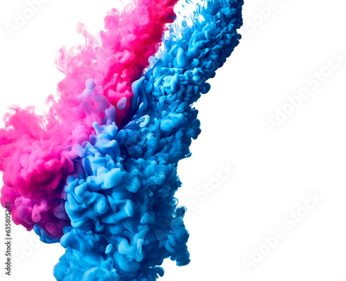 Splash of blue and pink paints in water over white background