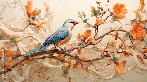 Bird sitting in the tree in a beautiful nature scene. High resolution panoramic wall art in art nouveau style. © Marja
