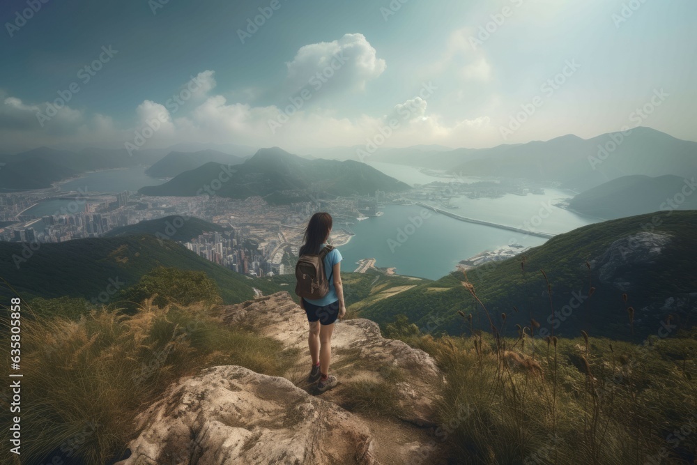 Girl hiking up hill. Generate Ai