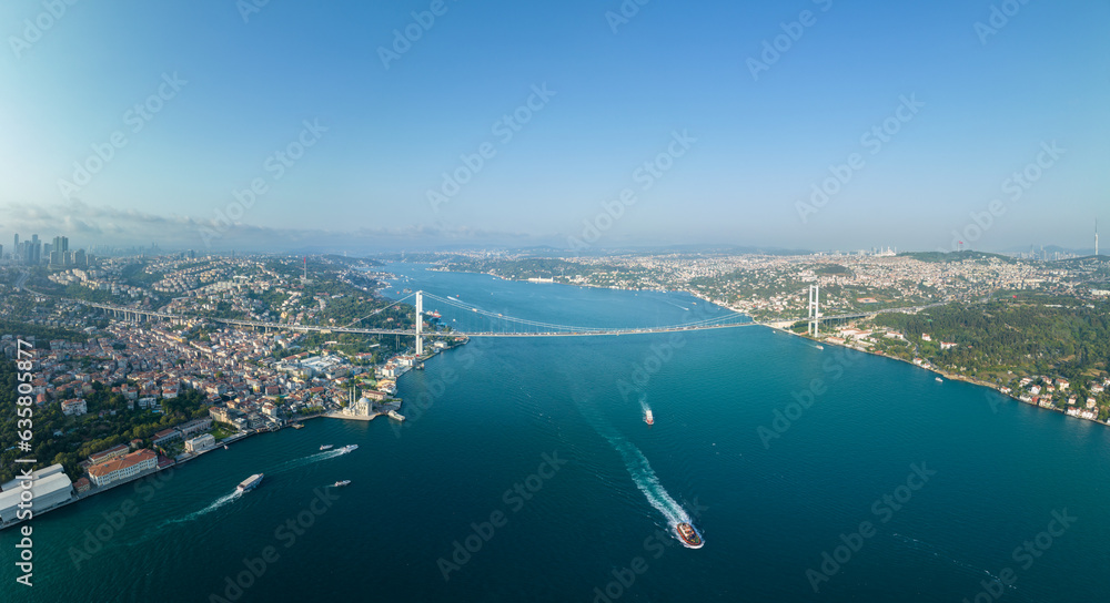 Istanbul Bosphorus Bridge panorama photo, Turkey. Grand Mecidiye Mosque, Istanbul Canal, Bosphoros canal. Drone Point of View.