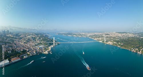 Istanbul Bosphorus Bridge panorama photo, Turkey. Grand Mecidiye Mosque, Istanbul Canal, Bosphoros canal. Drone Point of View.
