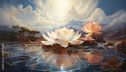 Sacred lotus flower in the swamp, Buddhism religion. Made in AI