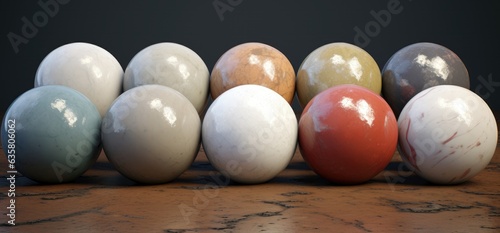 3D COLORED MARBLE BOWLS PATTERN  Stone balls  Wallpaper  Texture  Background. Three-dimensional shiny stone balls arranged in two rows on a stone floor. Modern design. Shades and light reflection..