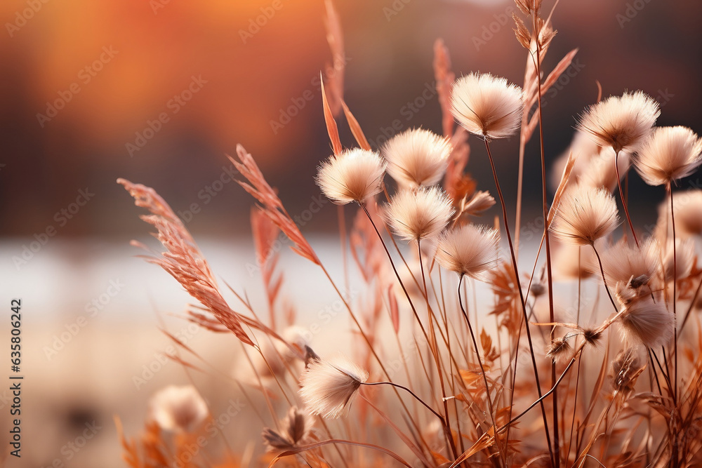 Crédence de cuisine avec Close up on yellowed blades of grass and wild plants on a blurred background, warm colors, autumn theme, autumn background #635806242