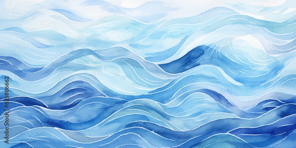 WATERCOLORED WATERS, Waves, pattern, Blue sea, Watercolor texture, Wallpaper, Background. Clear and fresh blue water of a sea or ocean with various blue shades. Sensation of moving waves.