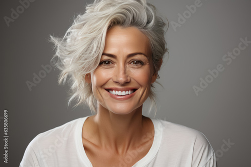 Beautiful senior woman portrait mid 50s laugh and looking at camera , Female models beauty face care , Cosmetology , beauty and spa , Created with Generative Ai Technology
