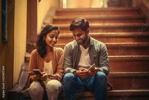 A young man and woman enjoying their time together, focusing on their cell phones.. A fictional character Created By Generated AI.