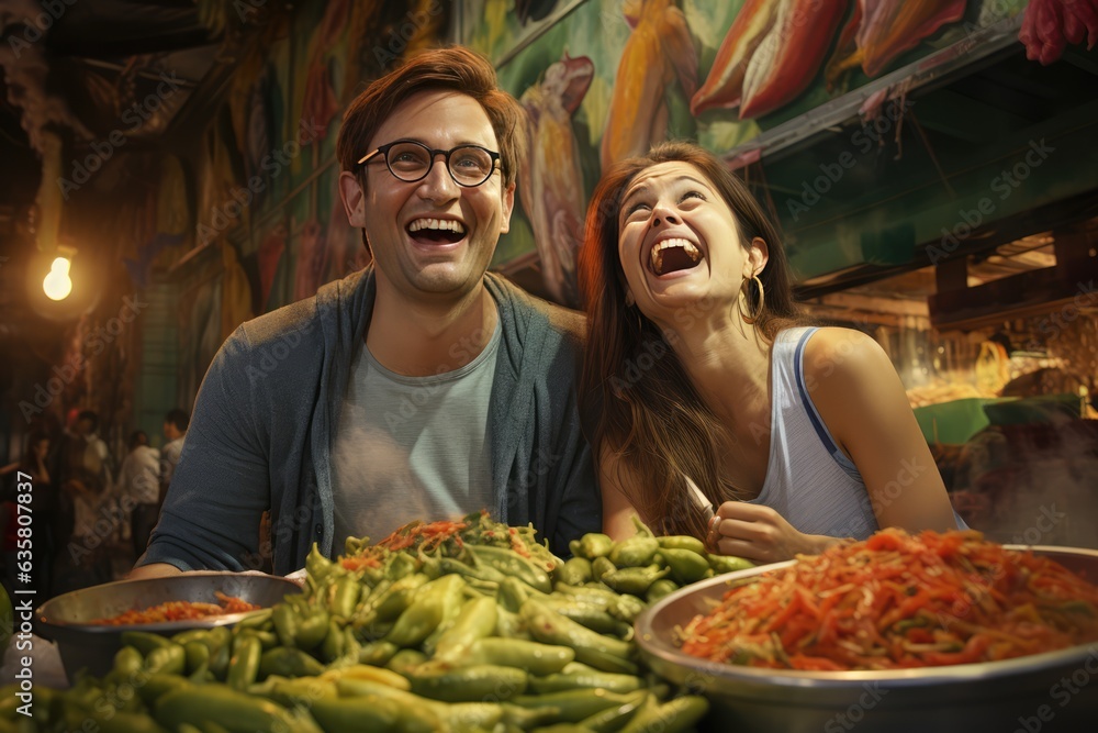 Laughing couple enjoys food selection at the market. A fictional character Created By Generated AI.