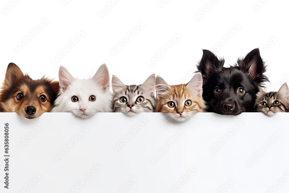 A row of cute cats and dogs peeking behind a white blank poster on a white background. Advertising banner mockup for pet shop or veterinary clinic.