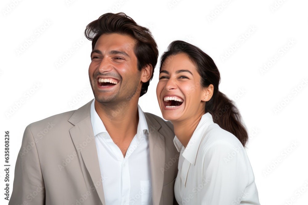 Laughing couple in white dress shirts and jackets - stock photo. A fictional character Created By Generated AI. Laughing couple in white dress shirts and jackets - stock photo. A fictional character Created By Generated AI.