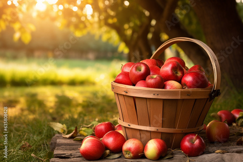 Wooden basket filled with fresh apples standing on farm land, agriculture concept