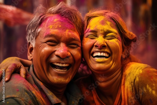 A joyful moment captured during an Indian festival - Hindu couple laughing and smiling, covered in colorful powder.. A fictional character Created By Generated AI.