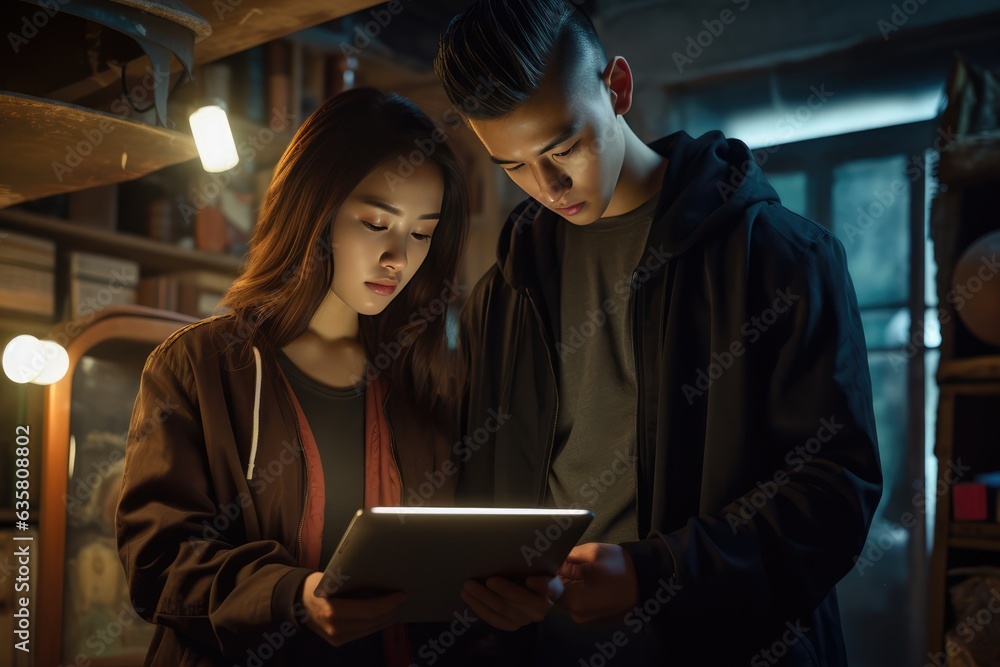 A Couple Studying or Working on a Tablet PC Together. A fictional character Created By Generated AI. A Couple Studying or Working on a Tablet PC Together. A fictional character Created By Generated AI.