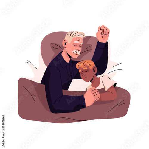 Family sleep in bed. Asleep grandfather, granddad hugs grandson at night. Relaxed sleepers rest and dream, boy lying, relax on pillow, top view. Flat isolated vector illustration on white background