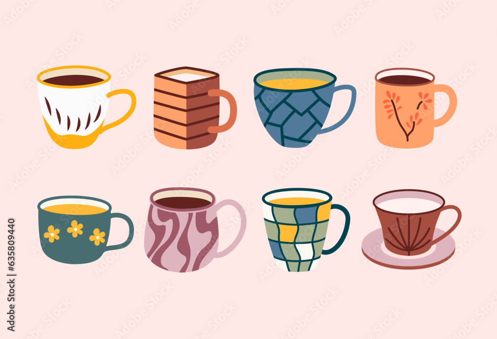 Cups of tea and coffee drinks. A collection of various ceramic mugs with trendy ornaments. Stock vector illustration bright colors