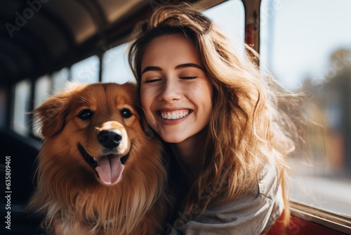 Happy woman with dog travel summer by car in vacation. Generative AI © itchaznong