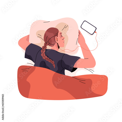 Young woman sleep with smartphone in bed. Asleep girl listen music by headphone at night, people rest with smart phone and hug pillow, top view. Flat isolated vector illustration on white background