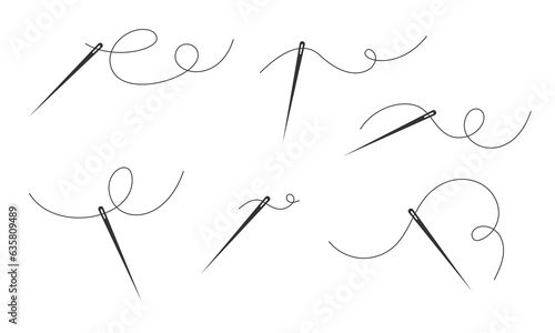 Thread with a needle set. Needle icon on white background. Sewing tools, tailoring workshop, home needlework. Stock vector illustration