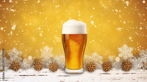 Christmas banner mockup with a glass of light beer on a wooden table decorated with cones and sprinkled with snow. Empty space for product placement or promotional text.