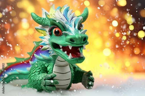 Green wooden dragon figurine in the snow on a blurred background of fireworks lights.