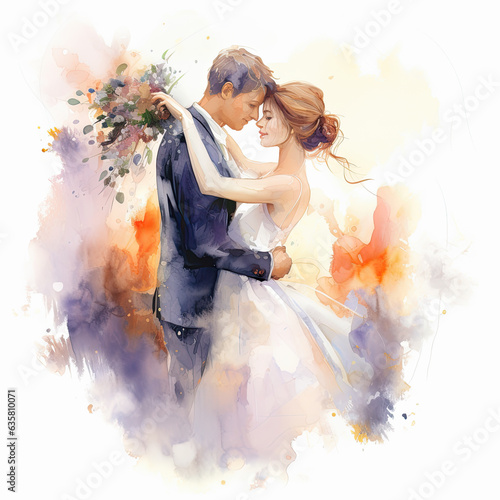 Acuarela colorida  de una pareja de novios recien casados con vestido blanco y traje azul oscuro,  con ramo de flores de novia sobre fondo de colores purpuras , naranjas y blanco  photo