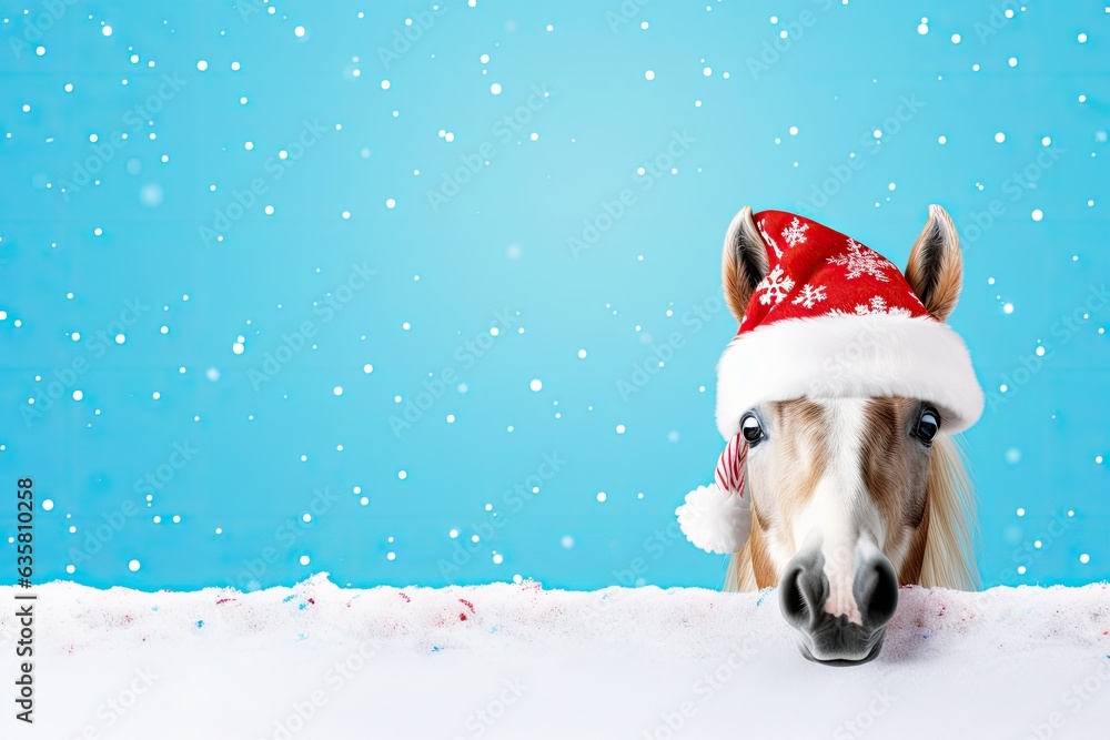 Photo Art Print A cute horse or pony in a red santa claus hat peeks behind a blank white poster on a snowy blue background OleksandrZastrozhnov