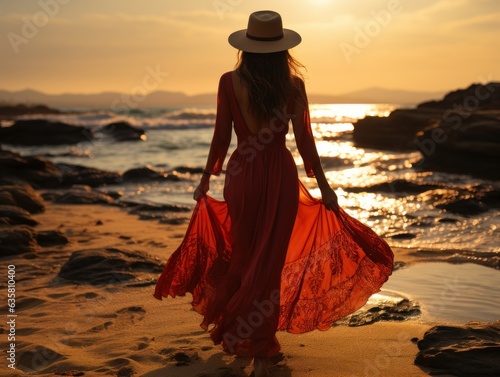 A woman with a big hat, faceless, red dress, walking on the beach at sunset, with a book in her hand, small waves surrounding the legs, realistic type