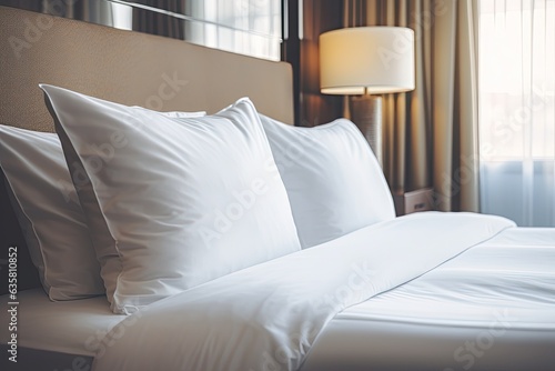 White pillows on a empty bed in a hotel room. photo