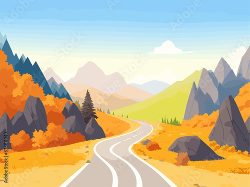 Landscape of mountain empty road in autumn with stones, pines, bushes, orange, trees and mountains. Flat colorful vector illustration	