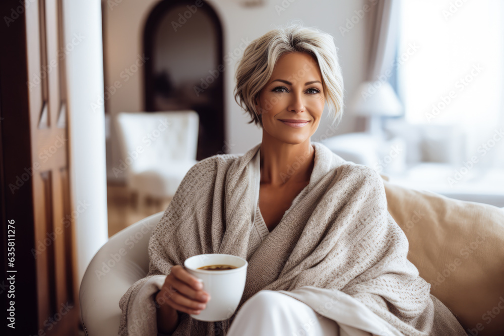 Attractive middle aged woman relaxing on a hotel suite. Generative AI. Attractive middle aged woman relaxing on a hotel suite. Generative AI.