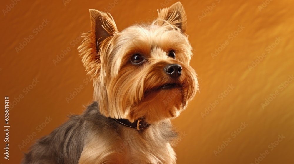 Yorkshire Terrier on a yellow background. Close-up.