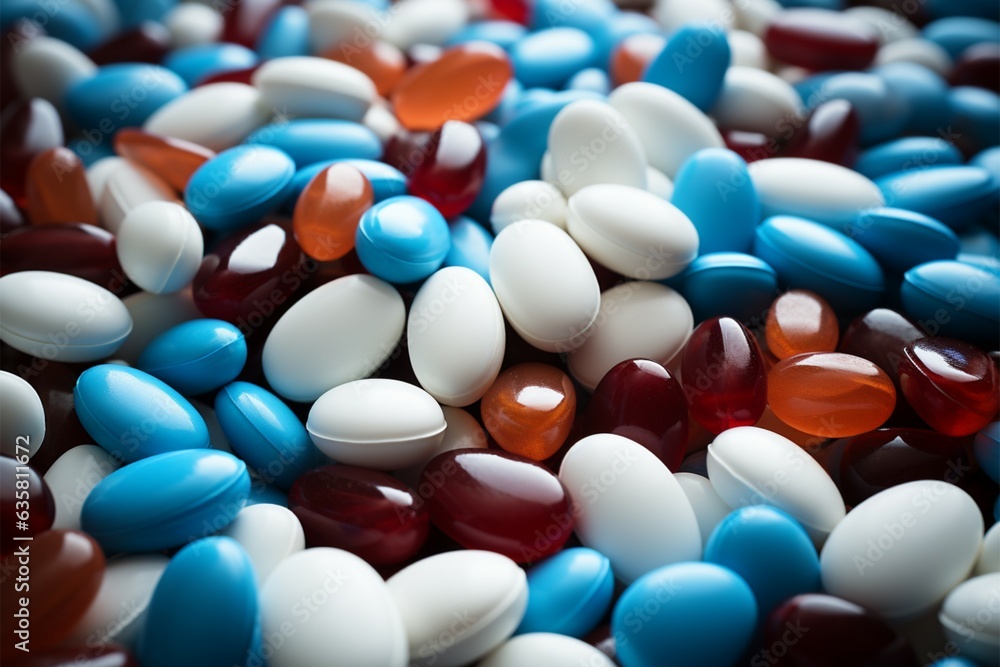 Pills in white, blue, and diverse shades heap Packaged for health support Generative AI