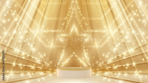 Luxury award ceremony background with gold podium elements and star shape bokeh frame and glitter light effect decoration. Vector illustration.