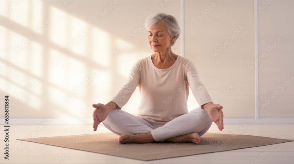 Elderly woman in lotus position meditation at home while sitting on yoga mat on floor, full length. Calm old lady practicing meditation techniques and yoga indoors. AI photography. . Elderly woman in lotus position meditation at home while sitting on yoga mat on floor, full length. Calm old lady practicing meditation techniques and yoga indoors. AI photography. .