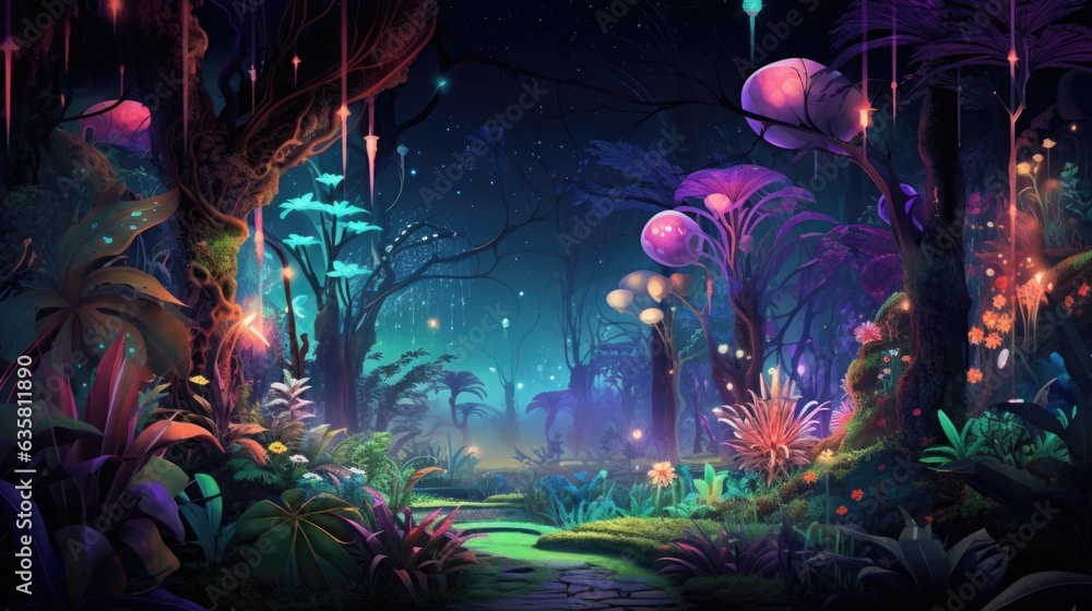 Flowers in glowing cosmic forest or garden landscape. Fantasy fairy tail abstract blossoming alien flowers with galaxy space Universe. Floral magical galaxy background. AI illustration digital art..