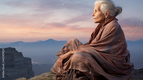 Elderly woman on outdoor sitting looking away on top of a mountain. Woman enjoying recreational activities after retirement. Active retired people concept. AI photography..