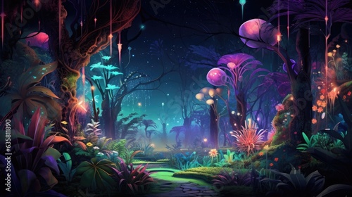 Flowers in glowing cosmic forest or garden landscape. Fantasy fairy tail abstract blossoming alien flowers with galaxy space Universe. Floral magical galaxy background. AI illustration digital art.. © Oksana Smyshliaeva