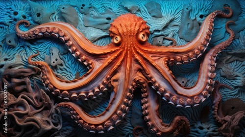 Octopus close-up underwater life. Tentacles of octopus texture. Macro background. AI illustration. .