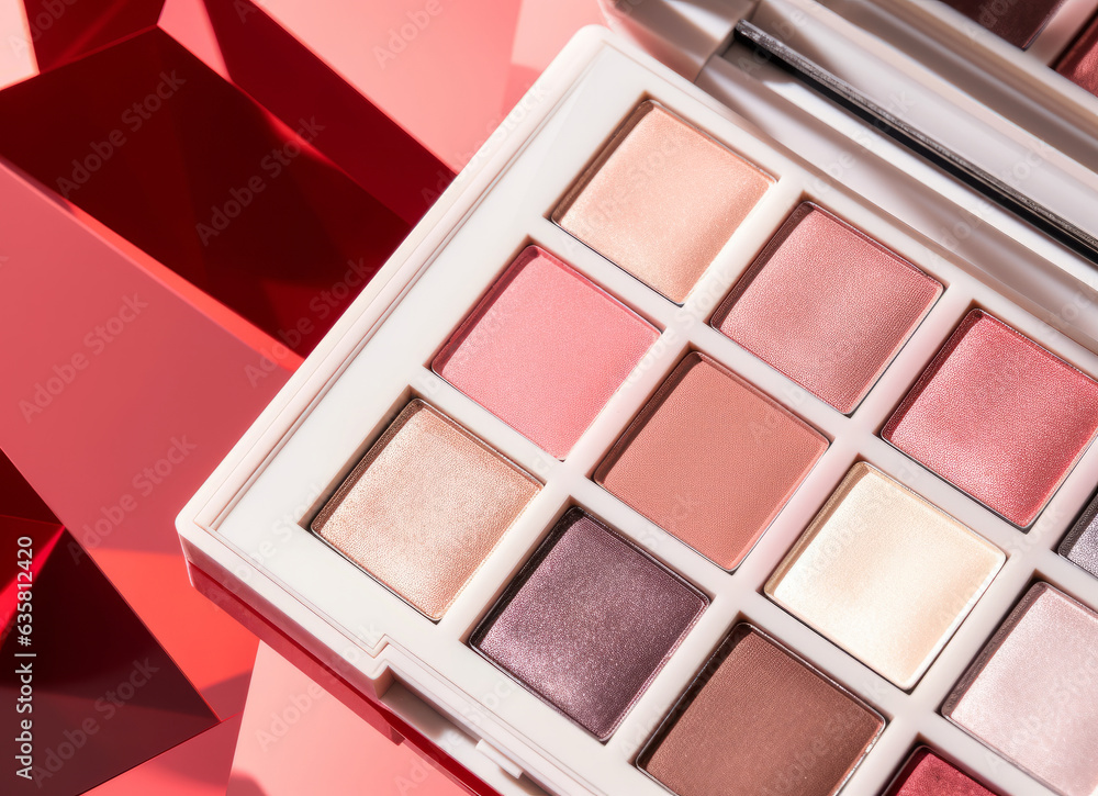 A close-up of pearlescent shimmery palette of pink eyeshadows for creating eye makeup A close-up of pearlescent shimmery palette of pink eyeshadows for creating eye makeup