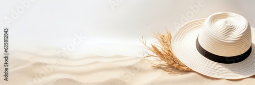 Summer background with straw hat and white sand with empty copy space