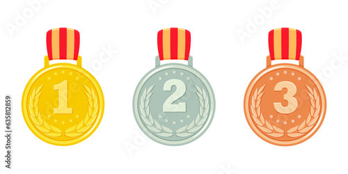 Gold, bronze and silver medals. Set of awards for first, second and third places. Prizes for winner.