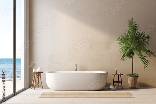 a hotel bathroom with a bathtub  sink  towel rail ladder  podium  and beige concrete floor. Panoramic window showcasing the tropics. Empty wall with mockup copy space.