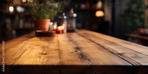 Empty Beautiful wood table top and blur bokeh modern kitchen interior background in clean and bright  Ready for product montage  generative ai